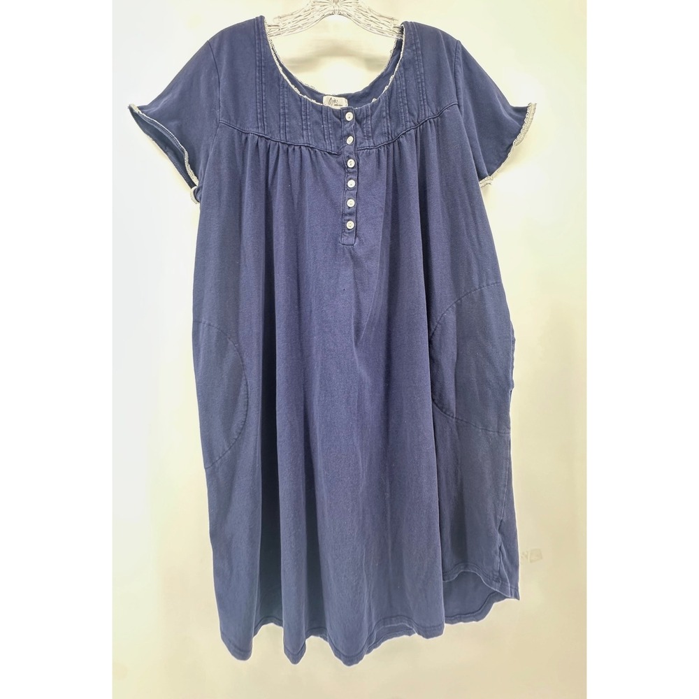 Aria Collection Navy Blue Cotton Nightgown Lace Trim Short Sleeve Pockets Large